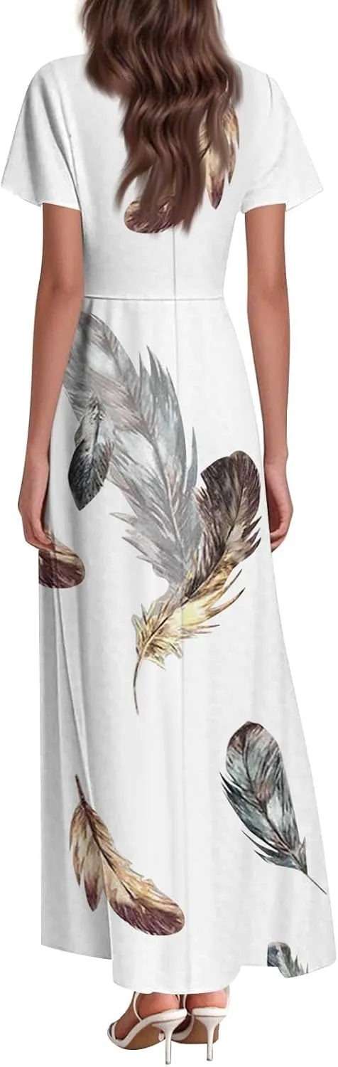 Womens Spring Chiffon Dresses 2025 Summer Flowy Short Sleeve High Waisted Dress A Line Wedding Guest V Neck Dresses