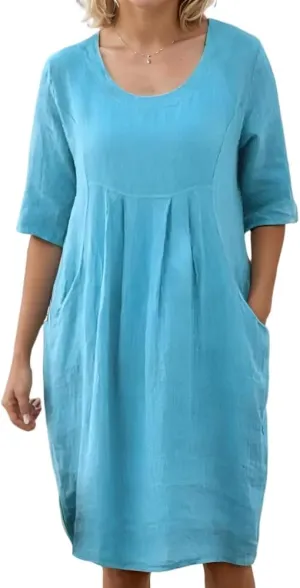 Women's Summer Cotton Linen Crewneck Half Sleeve Tshirt Dress Loose Tunic A Line Plus Size Midi Dresses with 2 Pockets