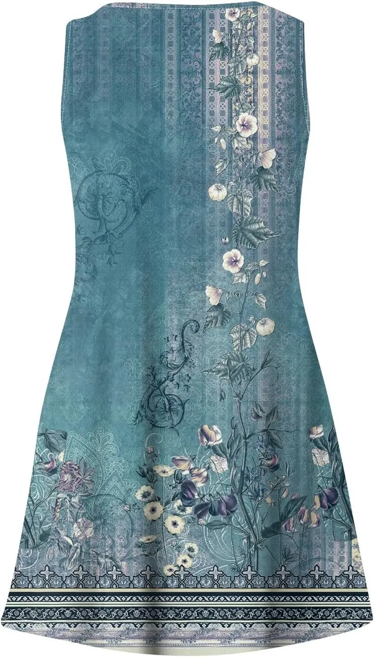 Women's Summer Dresses 2024 Beach Casual Sleeveless Floral Print Boho Tank Dress V Neck Loose Sundress with Pocket