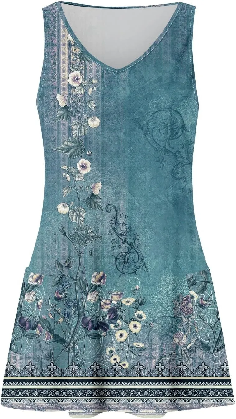Women's Summer Dresses 2024 Beach Casual Sleeveless Floral Print Boho Tank Dress V Neck Loose Sundress with Pocket