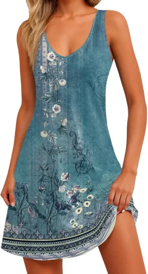 Women's Summer Dresses 2024 Beach Casual Sleeveless Floral Print Boho Tank Dress V Neck Loose Sundress with Pocket