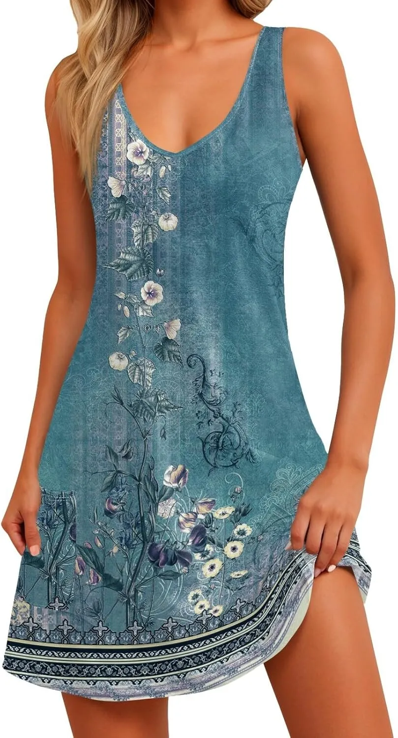 Women's Summer Dresses 2024 Beach Casual Sleeveless Floral Print Boho Tank Dress V Neck Loose Sundress with Pocket