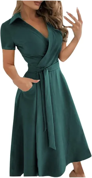 Women's Summer Dresses 2024 Color Loose Swing Lapel Short Sleeve Dresses Evening Prom Cocktail Gown Dresses, S-2XL