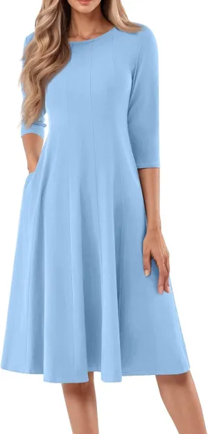 Women's Summer Dresses 2025 Casual Loose Trendy Crew Neck 3/4 Sleeve Solid Midi Dress Plus Size, S-3XL