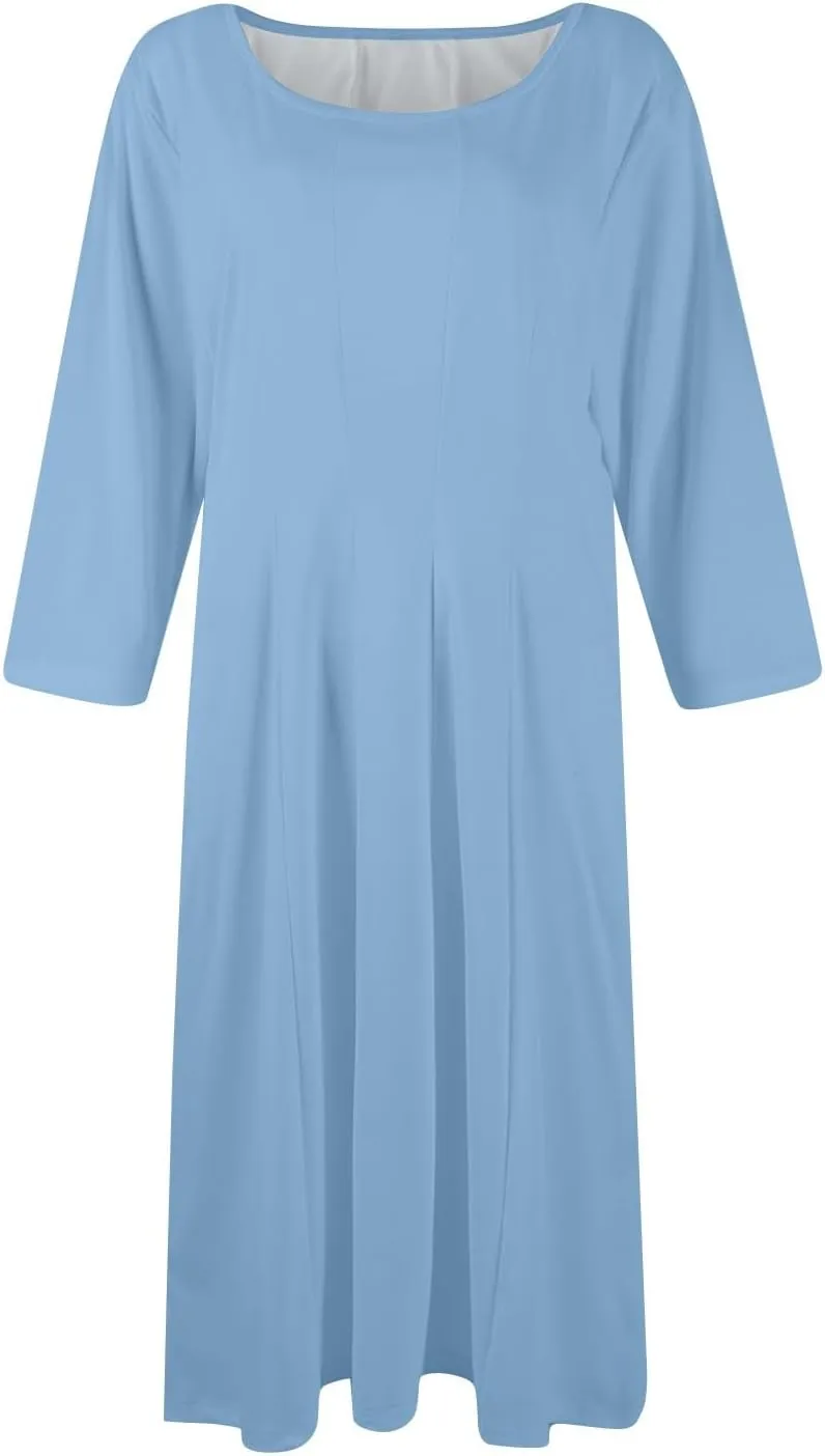Women's Summer Dresses 2025 Casual Loose Trendy Crew Neck 3/4 Sleeve Solid Midi Dress Plus Size, S-3XL
