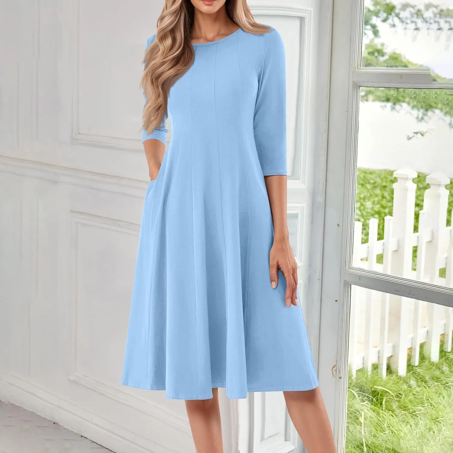 Women's Summer Dresses 2025 Casual Loose Trendy Crew Neck 3/4 Sleeve Solid Midi Dress Plus Size, S-3XL
