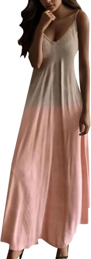 Women's Summer Maxi Dress Casual V-Neck Sleeveless Bohemian Spaghetti Strap Floral Long Maxi Dress with Pockets Boho Dresses