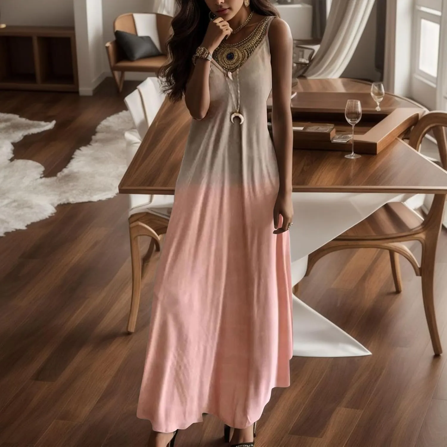 Women's Summer Maxi Dress Casual V-Neck Sleeveless Bohemian Spaghetti Strap Floral Long Maxi Dress with Pockets Boho Dresses
