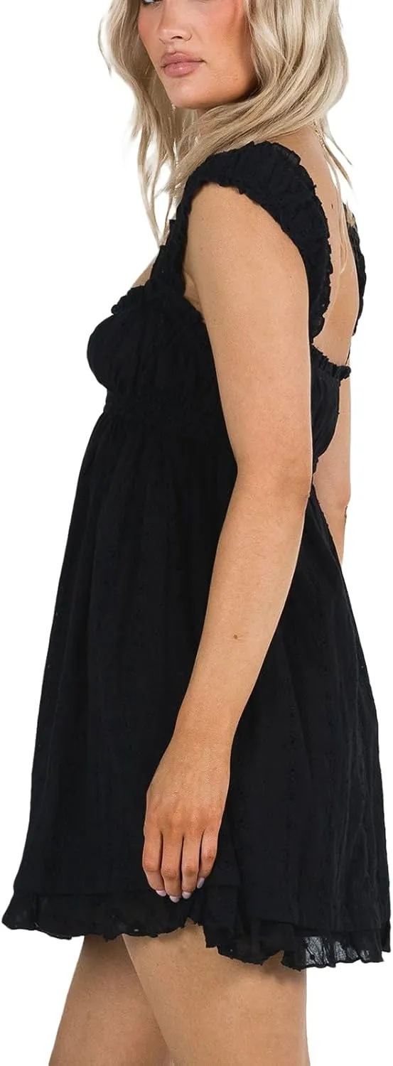 Womens Summer Mini Dress Casual Loose Floral Embroidery Ruffle A Line Dress Sleeveless Backless Short Beach Sundress