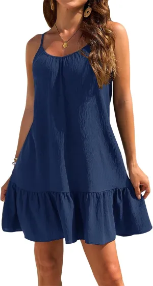 Womens Swimsuit Coverup Spaghetti Strap Backless Babydoll Short Ruffle Hem Dresses Summer Flowy Beach Sundress