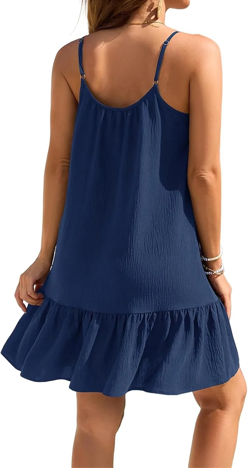 Womens Swimsuit Coverup Spaghetti Strap Backless Babydoll Short Ruffle Hem Dresses Summer Flowy Beach Sundress