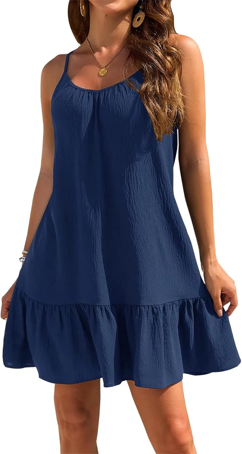 Womens Swimsuit Coverup Spaghetti Strap Backless Babydoll Short Ruffle Hem Dresses Summer Flowy Beach Sundress