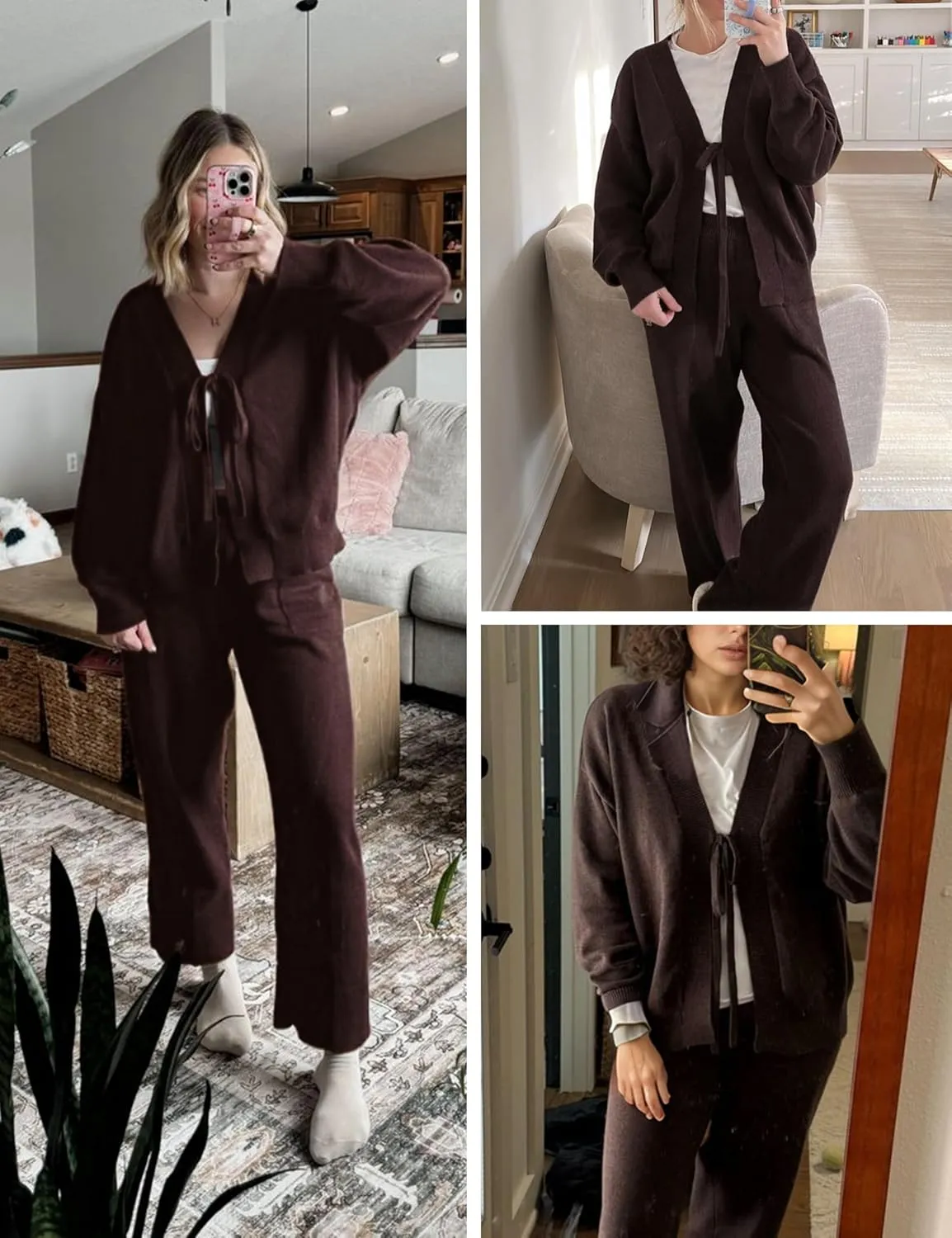 Womens Two Piece Sweater Sets Comfy Loungewear Set V-Neck Cardigan Pant Matching Pajama Sets Sweatsuit Outfits