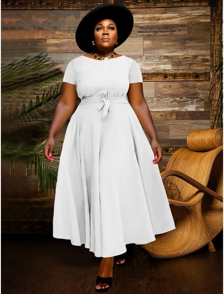 WUSENST Plus Size Formal Dresses for Curvy Women 3/4 Sleeve A-Line Flowy Printing Maxi Dress Pockets