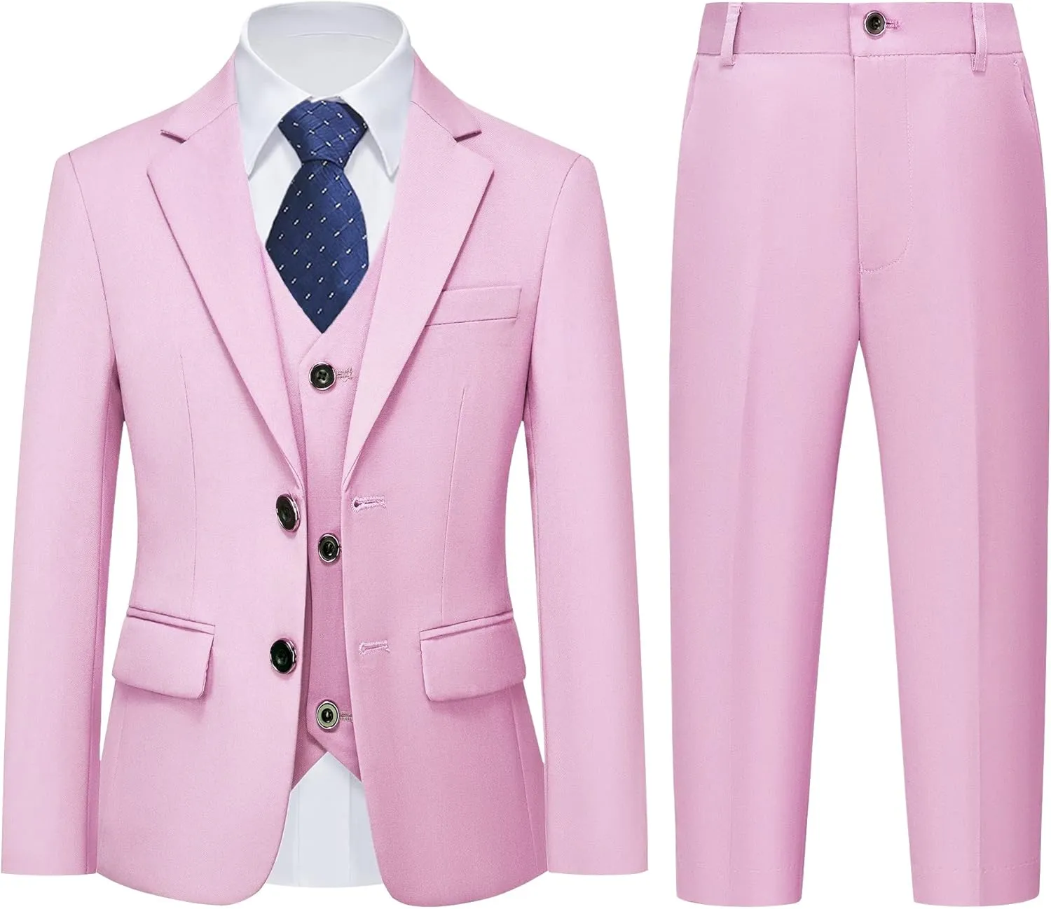 YND Boys 5 Piece Slim Fit Suit Set, Solid Formal Dresswear of Jacket Vest Pants Shirt and Tie