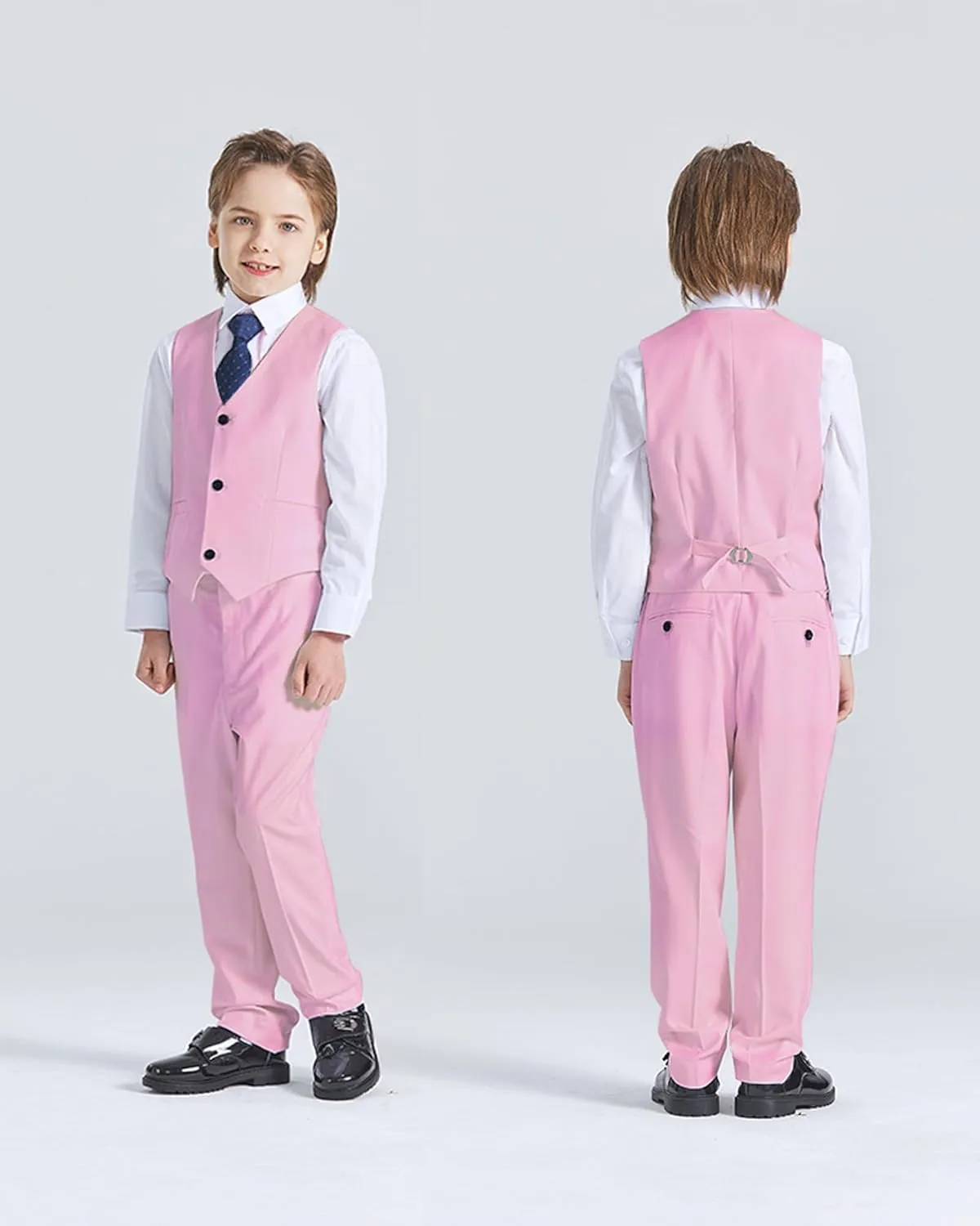 YND Boys 5 Piece Slim Fit Suit Set, Solid Formal Dresswear of Jacket Vest Pants Shirt and Tie