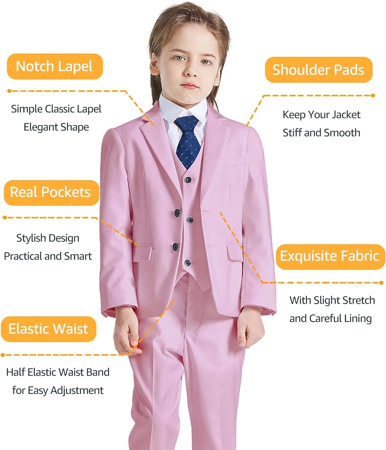 YND Boys 5 Piece Slim Fit Suit Set, Solid Formal Dresswear of Jacket Vest Pants Shirt and Tie